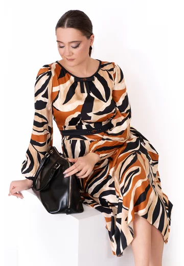 Rochie eleganta brown mirage decorata cu fundita si strasuri