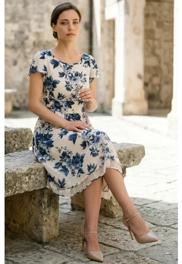 Rochie eleganta ceramic print din vascoza densa cu volanas
