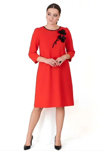 Rochie eleganta conica rosu corai cu detalii florale din stofa premium