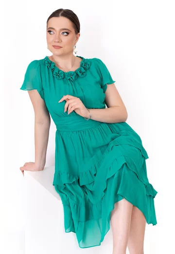 Rochie eleganta cristal turqoise din matase cu maneci tip lalea