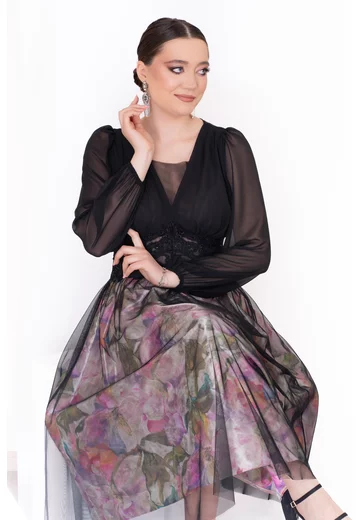 Rochie eleganta cu maneca lunga dantelata si fusta cu flori colorate