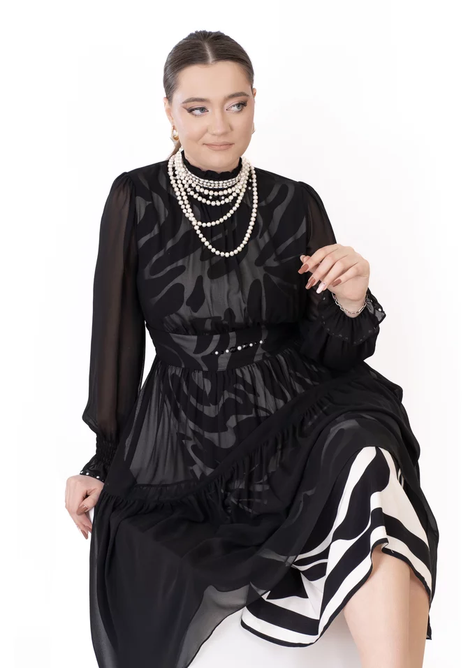 Rochie eleganta dual tone decorata cu explozie din strasuri si perle