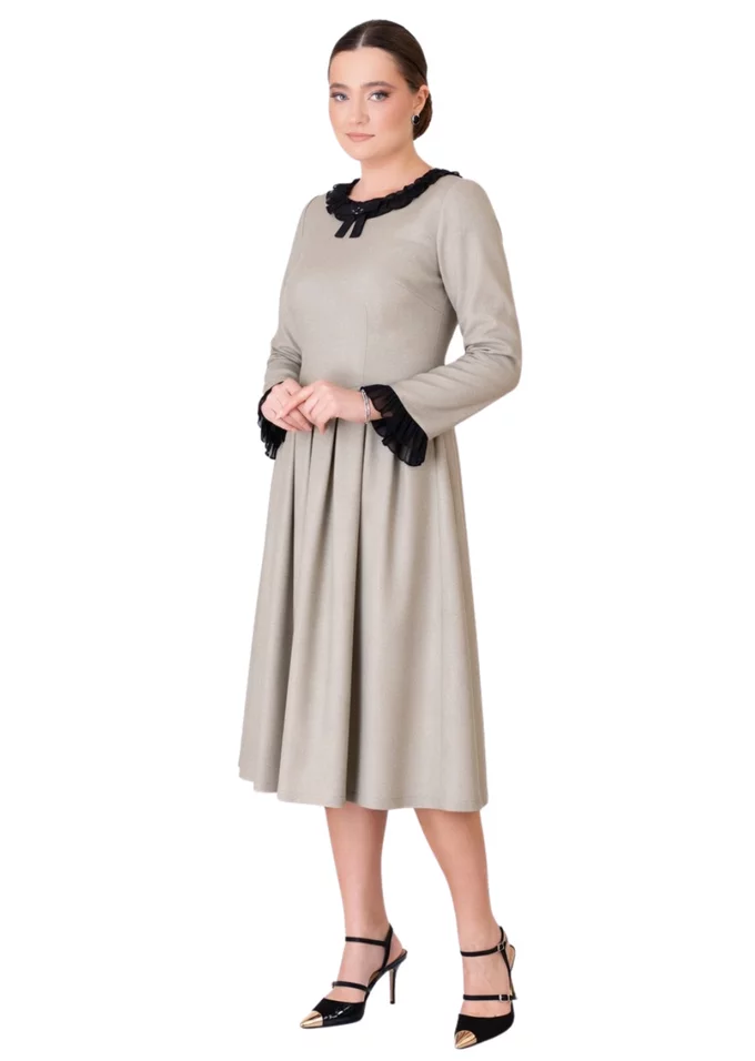 Rochie eleganta glacier din stofa pepit cu elastan decorata cu fundita