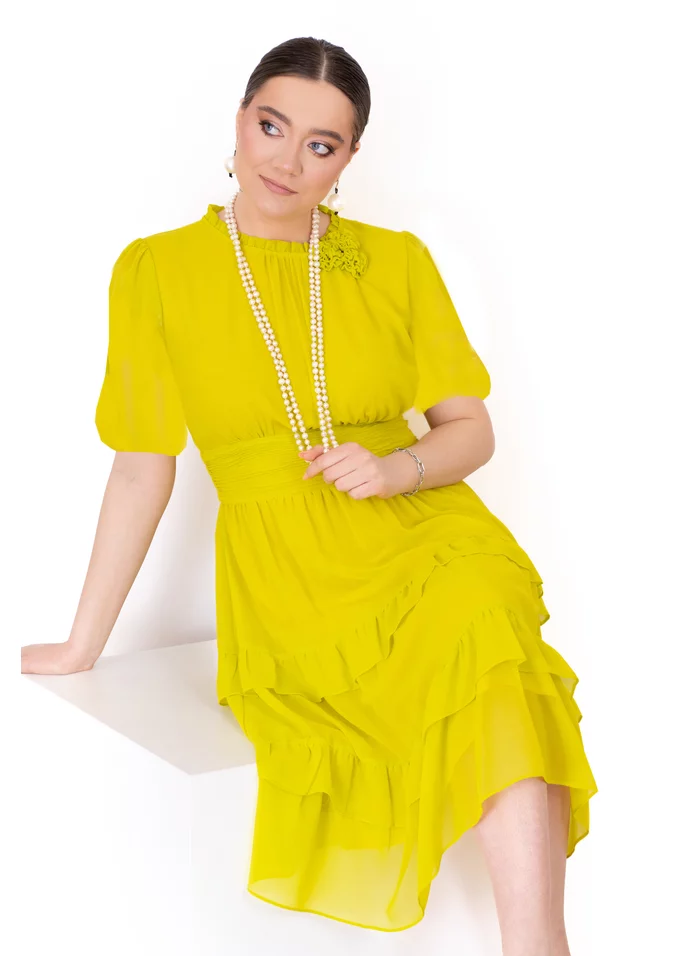 Rochie eleganta Neon Yellow cu maneci bufante