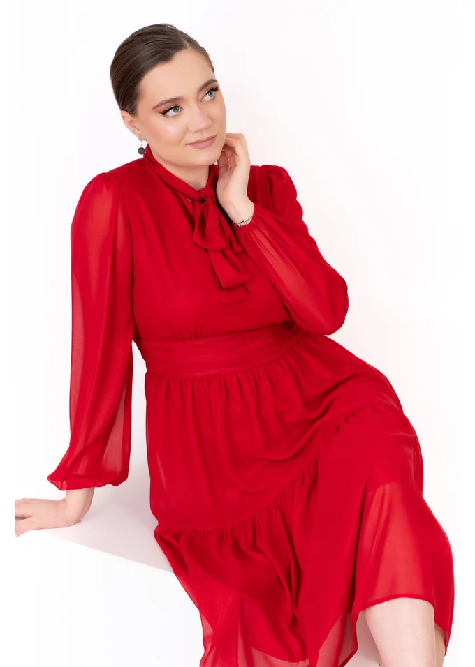 Rochie eleganta rosu sidefat cu panglica