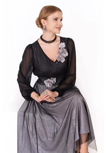 Rochie eleganta silver cu aplicatii florale metalizate