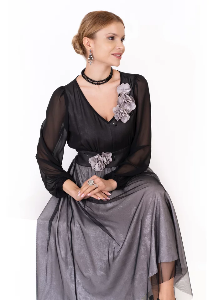 Rochie eleganta silver cu aplicatii florale metalizate