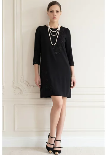 Rochie eleganta tip A-line decorata cu broderie si strasuri ton in ton