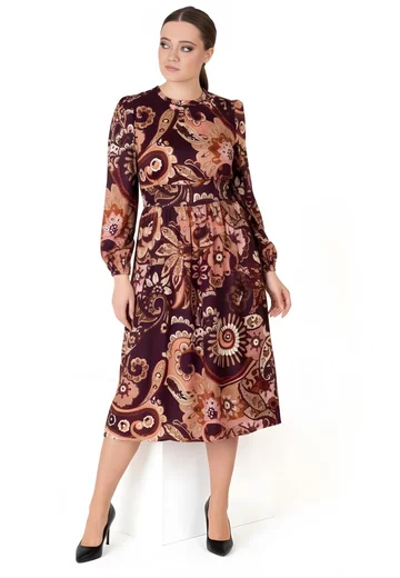 Rochie eleganta vintage paisley din vascoza imprimata decorata cu fundita