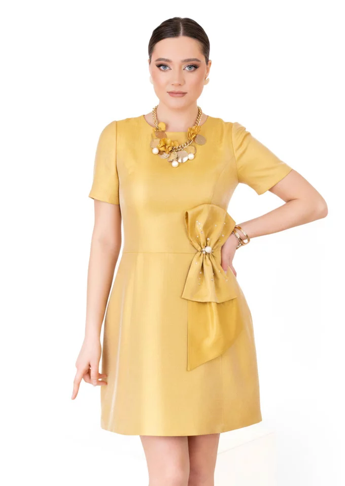 Rochie eleganta yellow mirror din organza creponata decorata cu funda