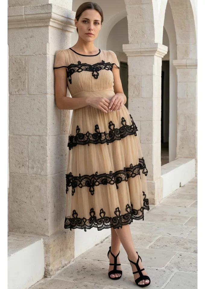 Rochie ember elegances din organza cu broderie neagra
