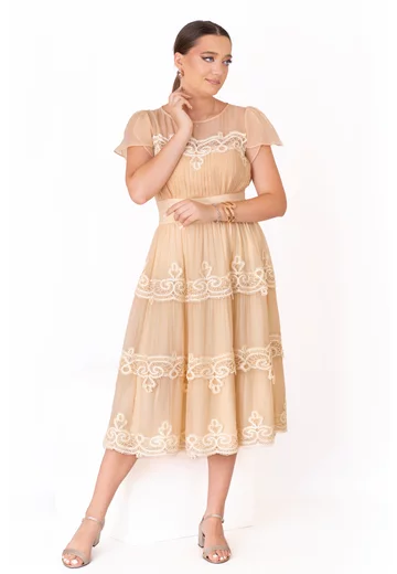 Rochie ember elegances din organza cu broderii aplicate