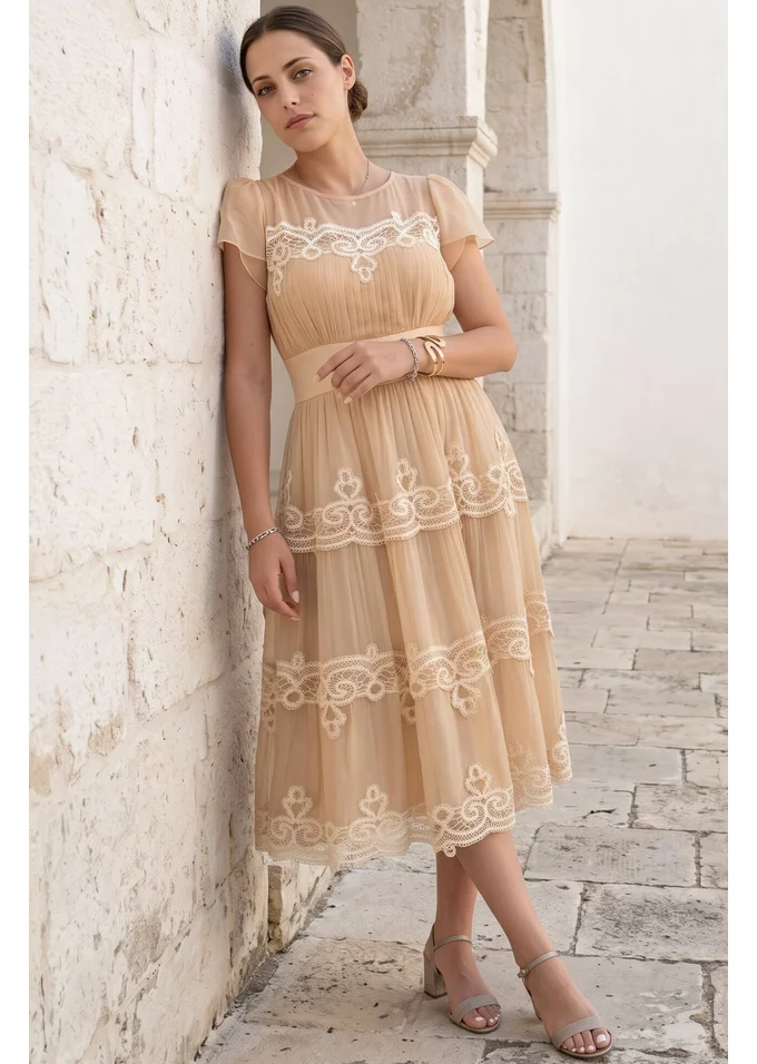 Rochie ember elegances din organza cu broderii aplicate