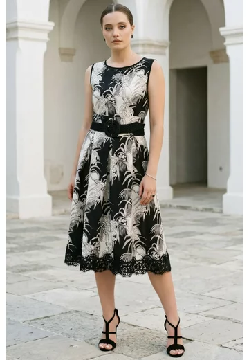 Rochie exotic print cream black cu strasuri