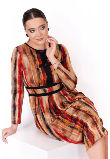 Rochie fall bloom color din jerse imprimat decorata cu funde