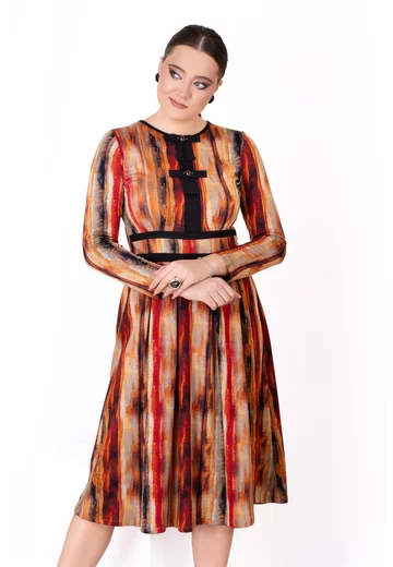 Rochie fall bloom color din jerse imprimat decorata cu funde