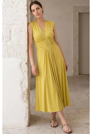 Rochie fronsata galben neon din jerse accesorizata cu strasuri