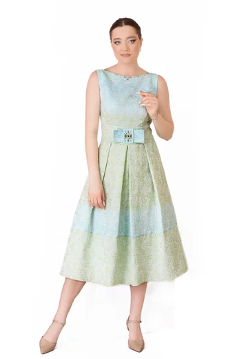 Rochie gala aqua din brocard grofat cu funda
