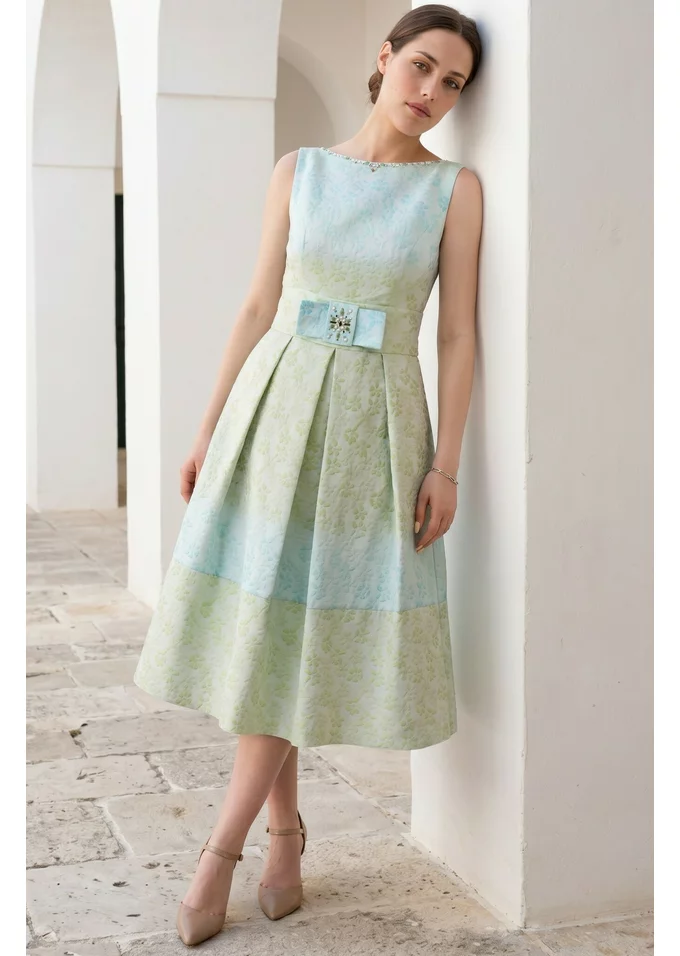 Rochie gala aqua din brocard grofat cu funda