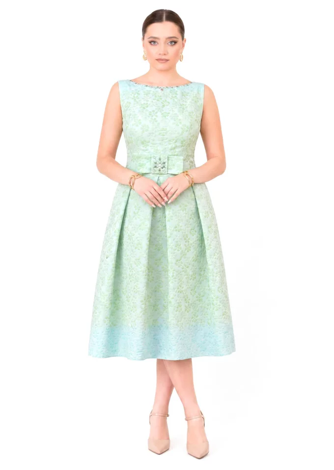 Rochie gala aqua din brocard grofat cu funda