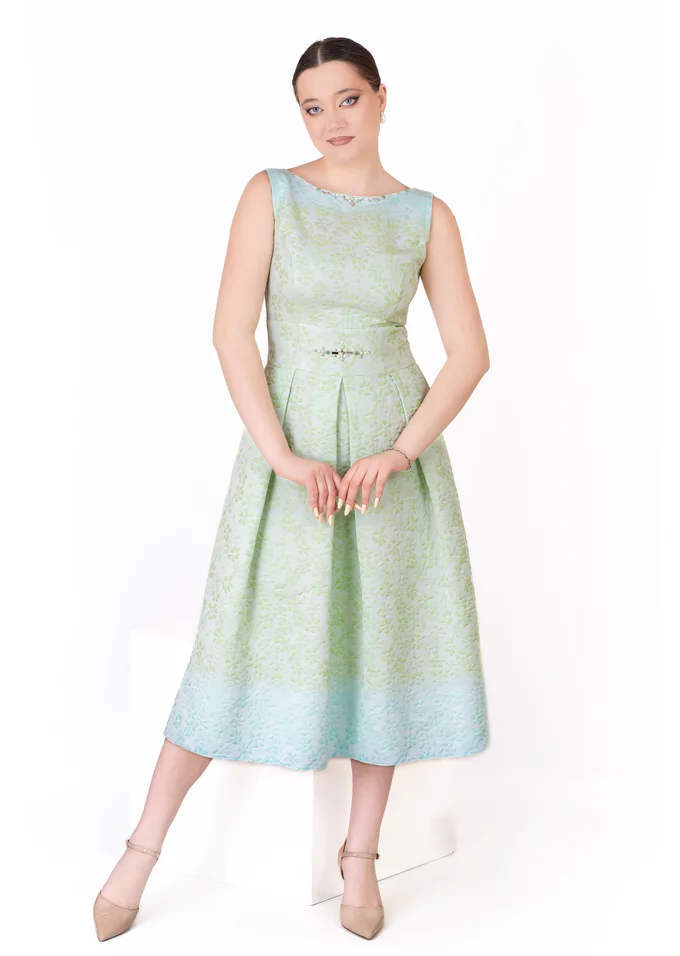 Rochie gala aqua din brocard grofat cu perle si strasuri