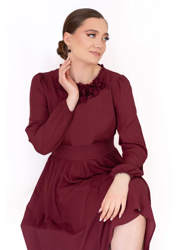 Rochie grena blossom din voal dens cu accente florale