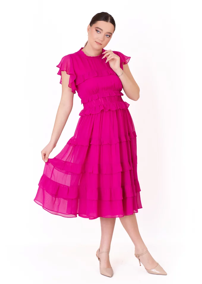 Rochie hot pink sweet ruffles din matase fina