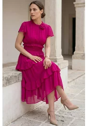 Rochie hot pink sweet ruffles din matase fina decorata cu floare