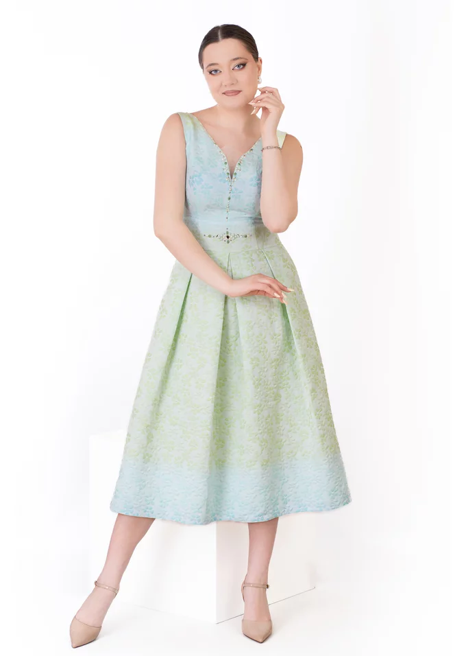 Rochie in V de gala aqua din brocard grofat cu perle si strasuri