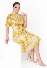 Rochie in volane din vascoza soft vanilla cu print floral