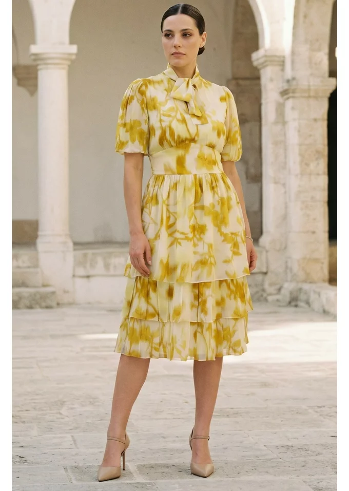 Rochie in volane din vascoza soft vanilla cu print floral