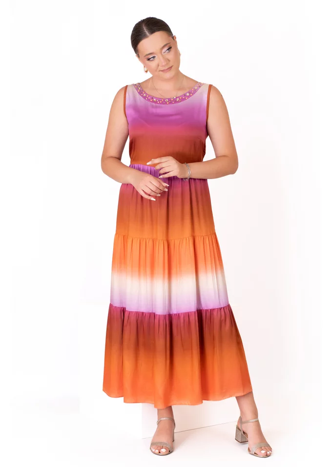 Rochie lejera cu pietre din vascoza imprimata tie-dye in nuante solare