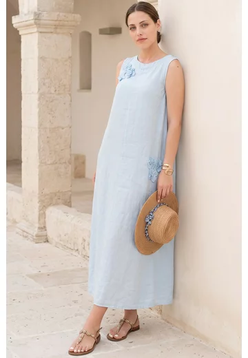 Rochie lejera din in bleu cu buzunare si detalii ton in ton