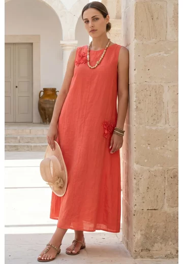Rochie lejera din in coral cu buzunare si detalii ton in ton
