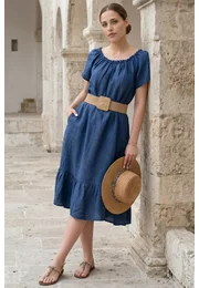 Rochie lejera din in navy cu volans