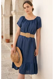 Rochie lejera din in navy cu volans