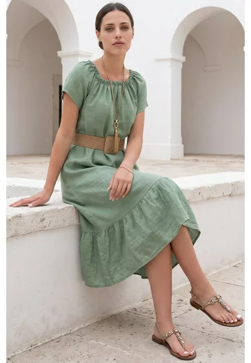 Rochie lejera din in verde pesto cu volans