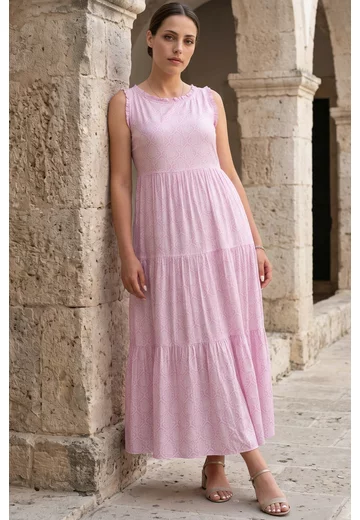 Rochie lejera  din vascoza vaporoasa blush pink cu imprimeu marunt