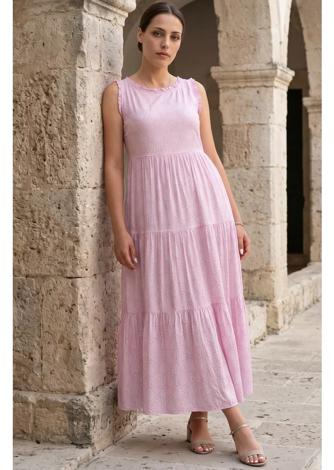 Rochie lejera  din vascoza vaporoasa blush pink cu imprimeu marunt