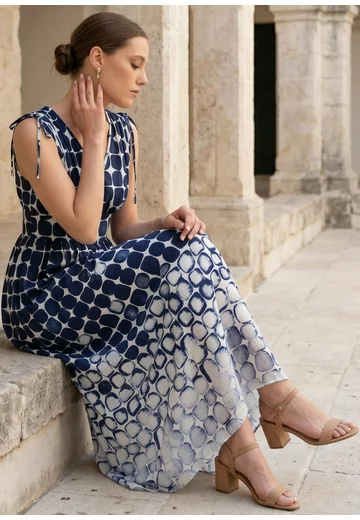 Rochie lunga de vara navy cu print abstract geometric