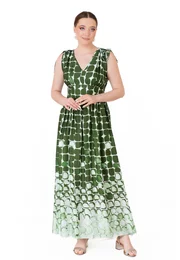 Rochie lunga de vara verde jad cu print abstract geometric