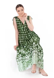 Rochie lunga de vara verde jad cu print abstract geometric