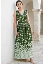 Rochie lunga de vara verde jad cu print abstract geometric