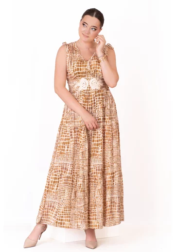 Rochie lunga din vascoza imprimata coniac crem vibrat