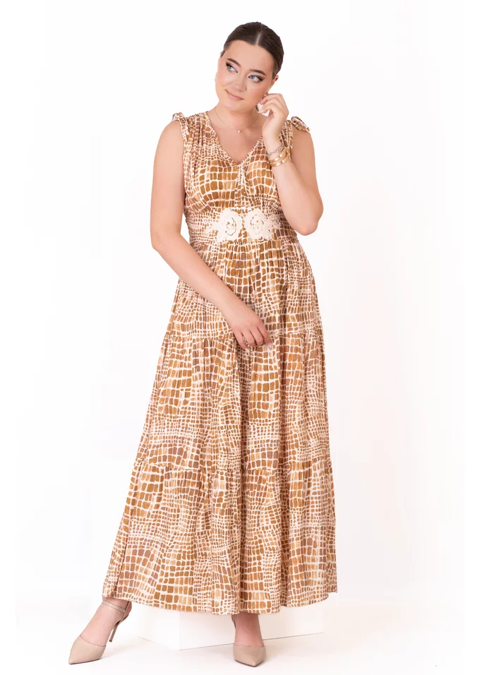 Rochie lunga din vascoza imprimata coniac crem vibrat