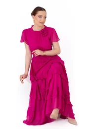 Rochie lunga hot pink sweet ruffles din matase fina decorata cu floare