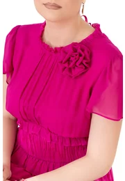 Rochie lunga hot pink sweet ruffles din matase fina decorata cu floare