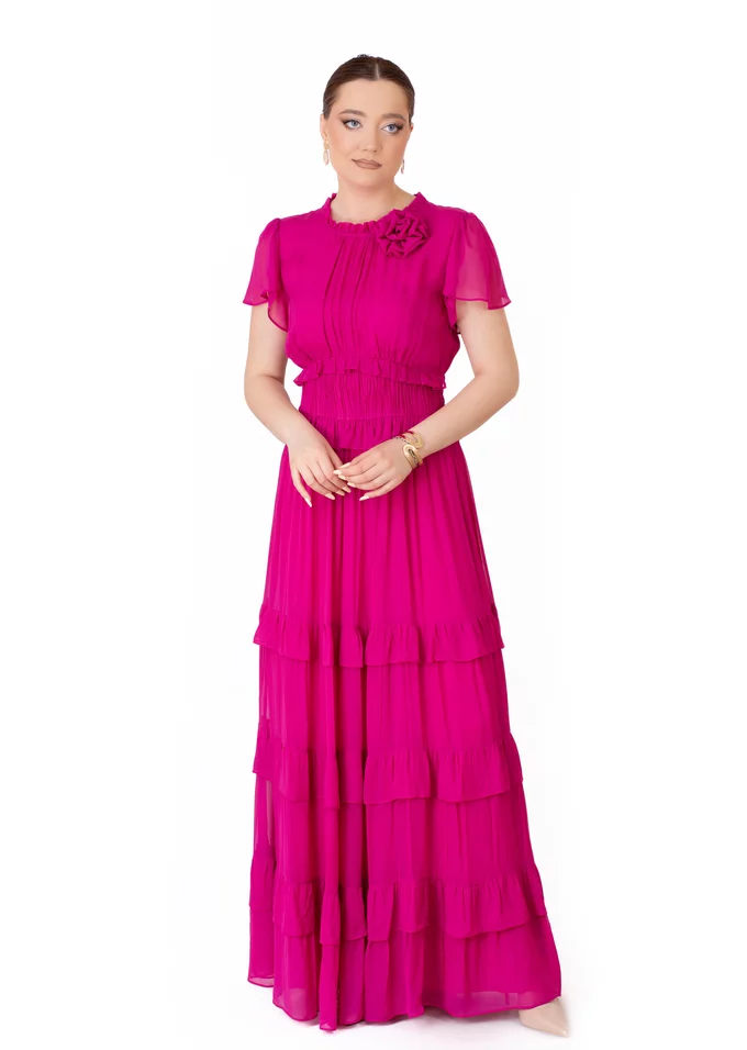 Rochie lunga hot pink sweet ruffles din matase fina decorata cu floare
