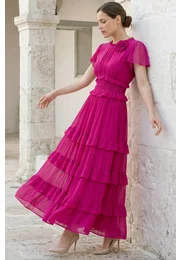 Rochie lunga hot pink sweet ruffles din matase fina decorata cu floare