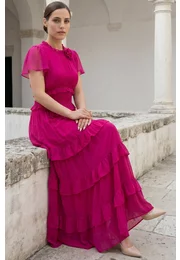 Rochie lunga hot pink sweet ruffles din matase fina decorata cu floare